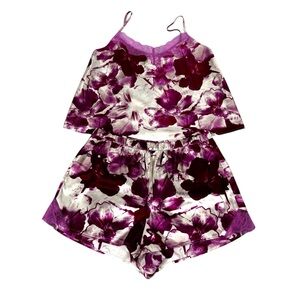 Ambrielle Womens Satin Floral Cami & Short Pajama Set Purple Pink